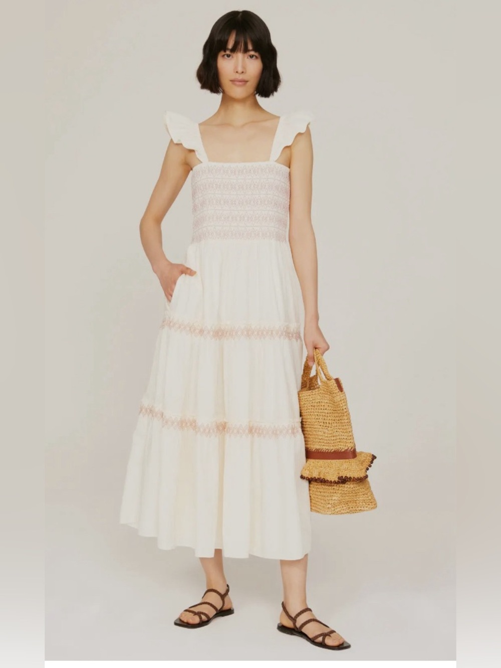 Cream Smocked Midi Dress with Ruffle Straps
